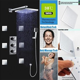 Robinet de douche - Contemporain - LED / Thermostatique / Douche pluie / Jet de côté / Douchette inclue - Laiton (Chromé)